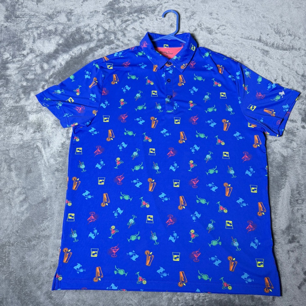 Birdie Bound Mens SZ Large Blue Allover Cocktail Print Golf Short Sleeve Shirt